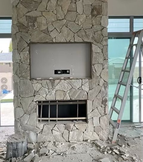 Stone fireplace wall